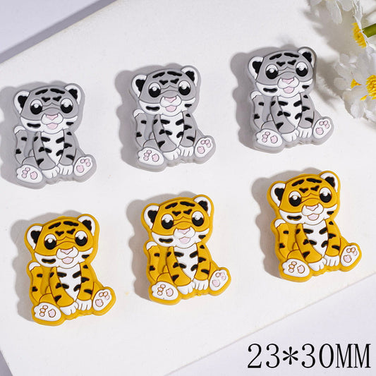 Cute Baby Tiger Jungle Animal Sitting Position and Stick Out Tongue, Silicone Focal Beads 23*30MM Multi-Color