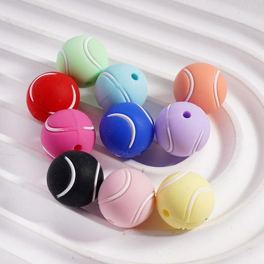 Tennis Ball Design Solid Color Round Shape Silicone Beads 15mm Random Mix