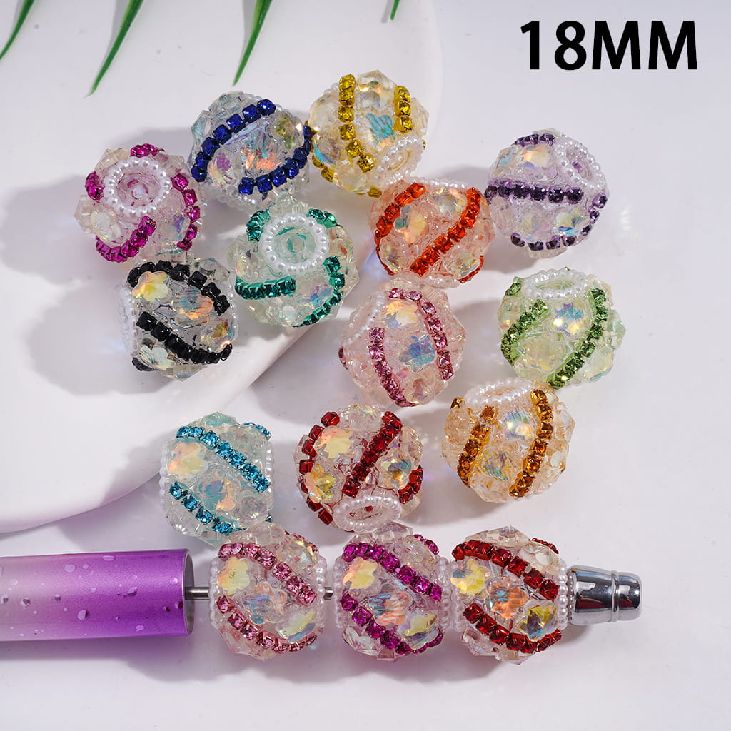 Dazzling Flowers with Rhinestone Chains & White Pearl Chains Acrylic Beads 18MM Random Mix