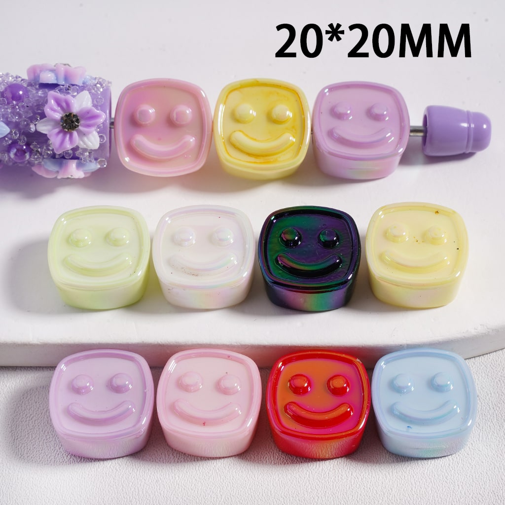 Cute Colorful Smile Face Square Acrylic Beads 20*20MM, Random Mix