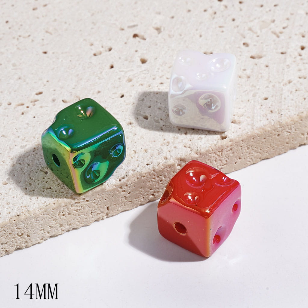 Christmas Cheese Design Cube Acrylic Beads with UV Finish, Red Green and White 14MM, Random Mix