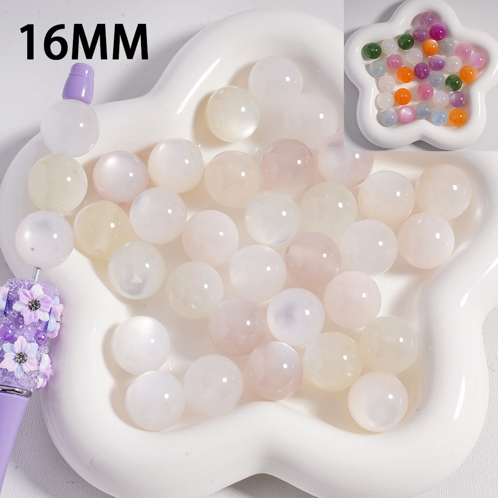 16MM round beads in a white tray with colorful beads in a star-shaped container.

