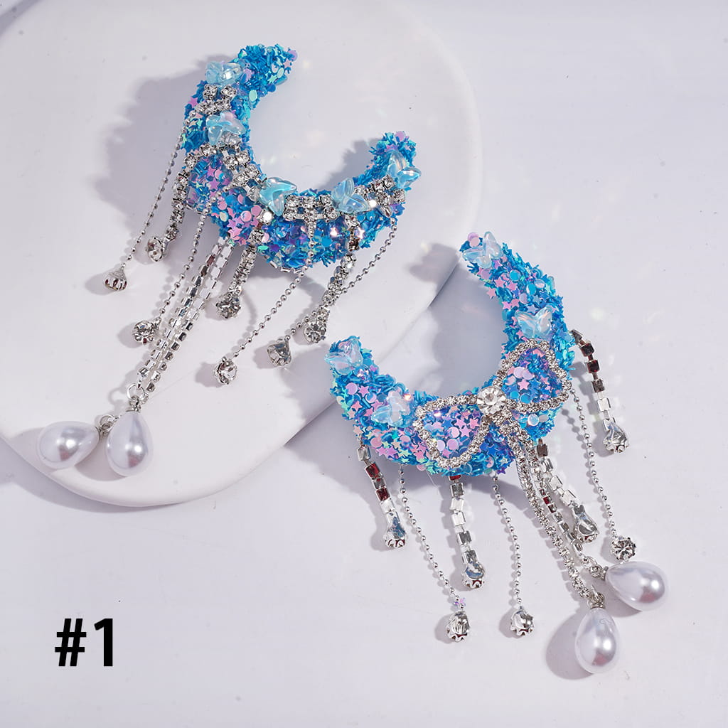 Sugar Crescent Moon with Dreamy Sequin Rhinestones, Butterfly Design, Clear Rhinestone Chains, Bowtie Tassels & Pearl Drops, Acrylic Beads