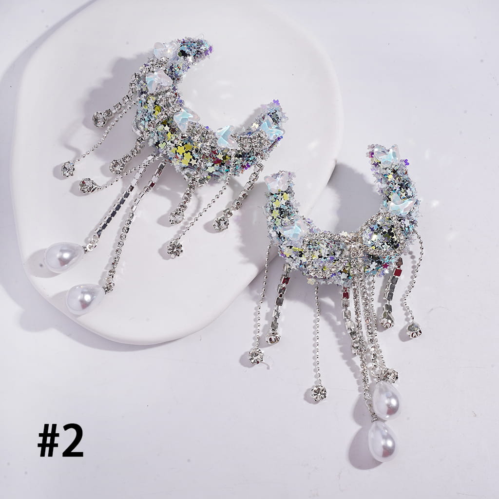 Sugar Crescent Moon with Dreamy Sequin Rhinestones, Butterfly Design, Clear Rhinestone Chains, Bowtie Tassels & Pearl Drops, Acrylic Beads