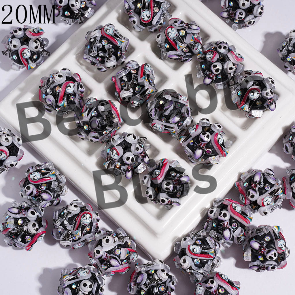 Clay Beads with Red Hair Girl and Boy Skeleton Couple Character Series, AB Rhinestones, 20MM
