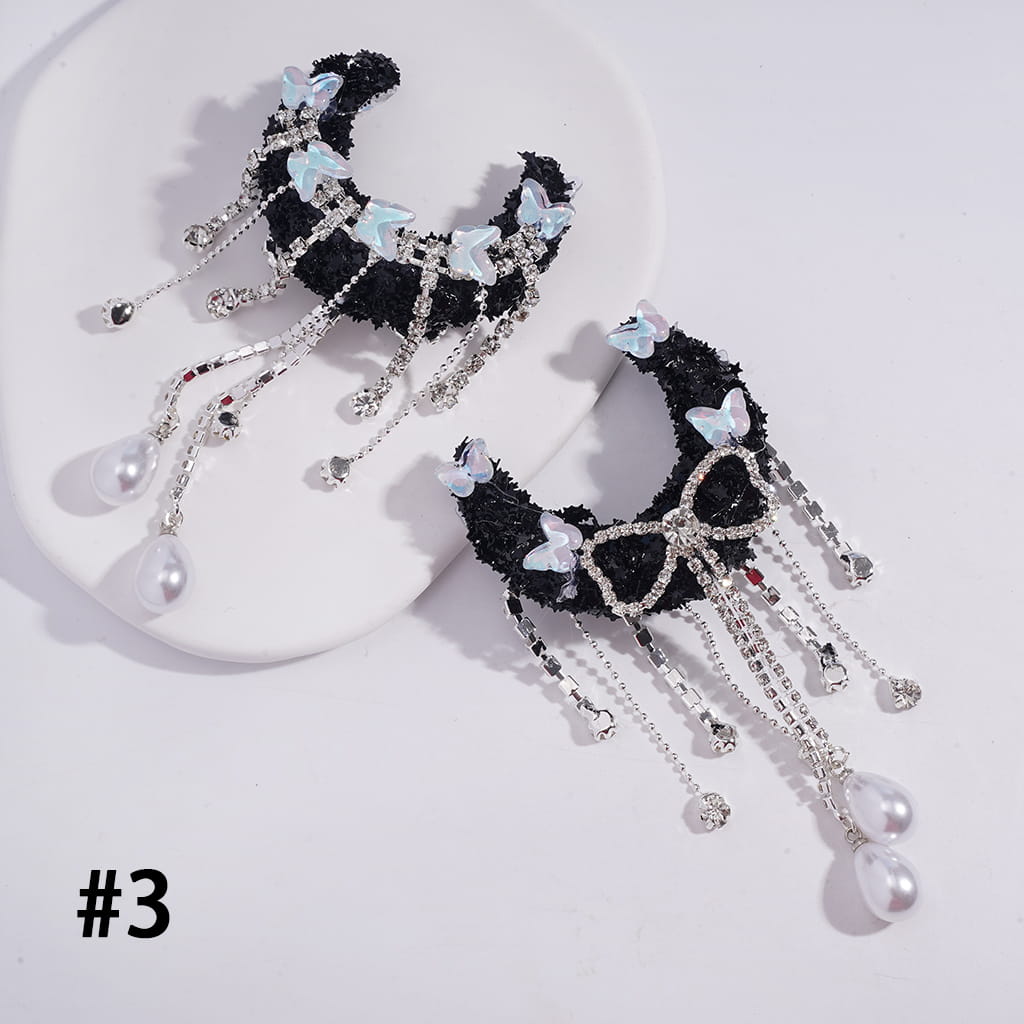 Sugar Crescent Moon with Dreamy Sequin Rhinestones, Butterfly Design, Clear Rhinestone Chains, Bowtie Tassels & Pearl Drops, Acrylic Beads