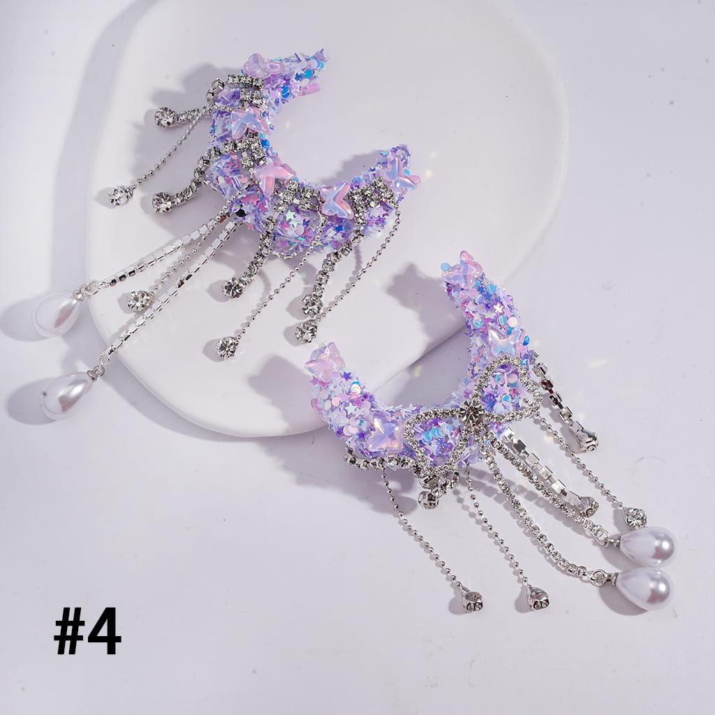 Sugar Crescent Moon with Dreamy Sequin Rhinestones, Butterfly Design, Clear Rhinestone Chains, Bowtie Tassels & Pearl Drops, Acrylic Beads