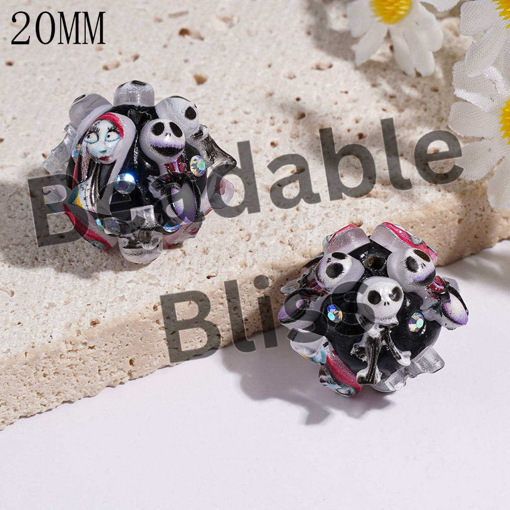 Clay Beads with Red Hair Girl and Boy Skeleton Couple Character Series, AB Rhinestones, 20MM