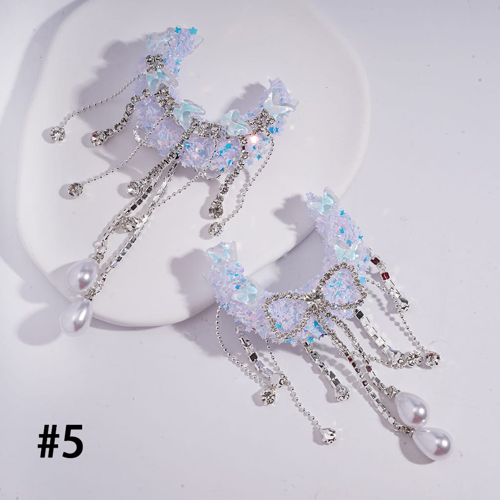 Sugar Crescent Moon with Dreamy Sequin Rhinestones, Butterfly Design, Clear Rhinestone Chains, Bowtie Tassels & Pearl Drops, Acrylic Beads