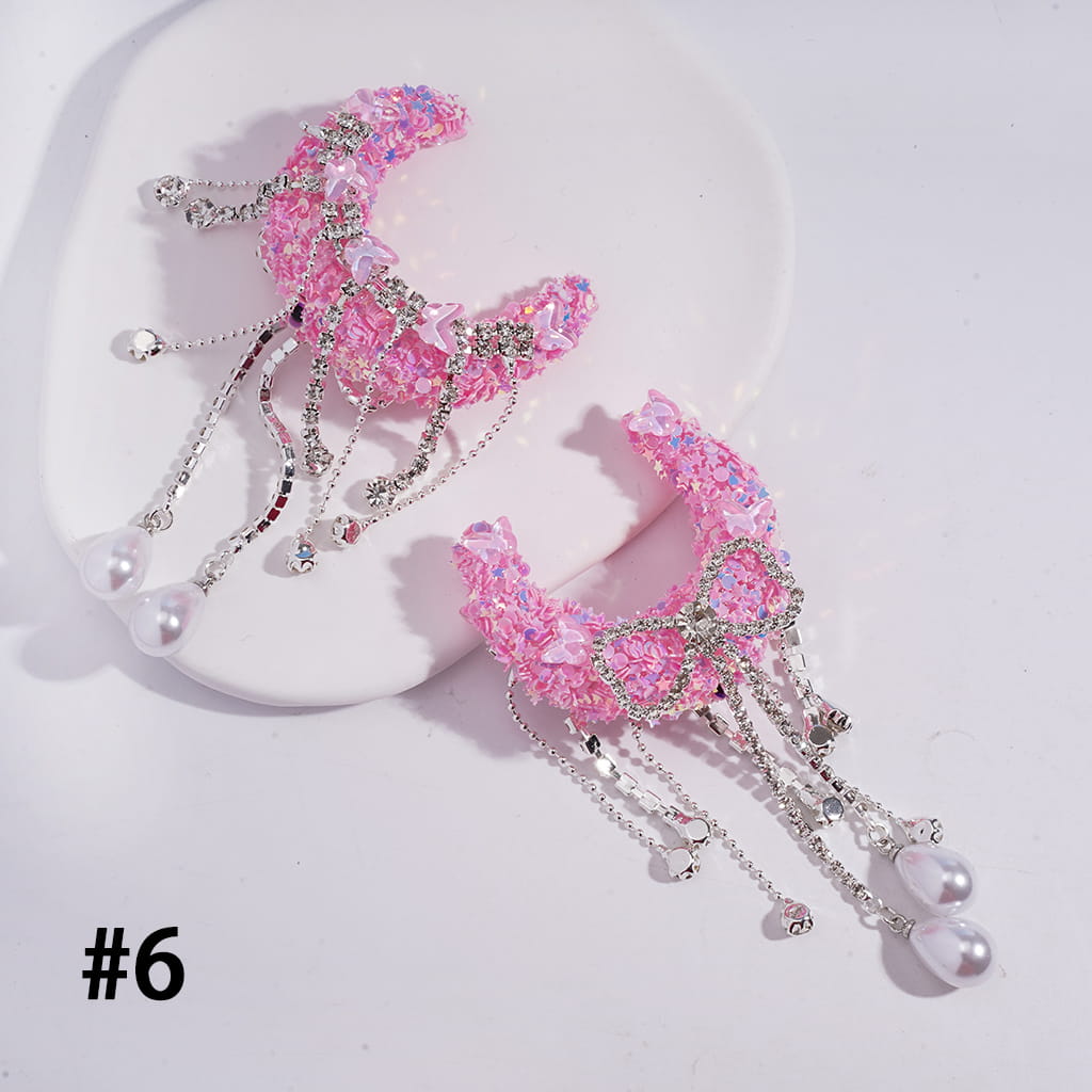Sugar Crescent Moon with Dreamy Sequin Rhinestones, Butterfly Design, Clear Rhinestone Chains, Bowtie Tassels & Pearl Drops, Acrylic Beads