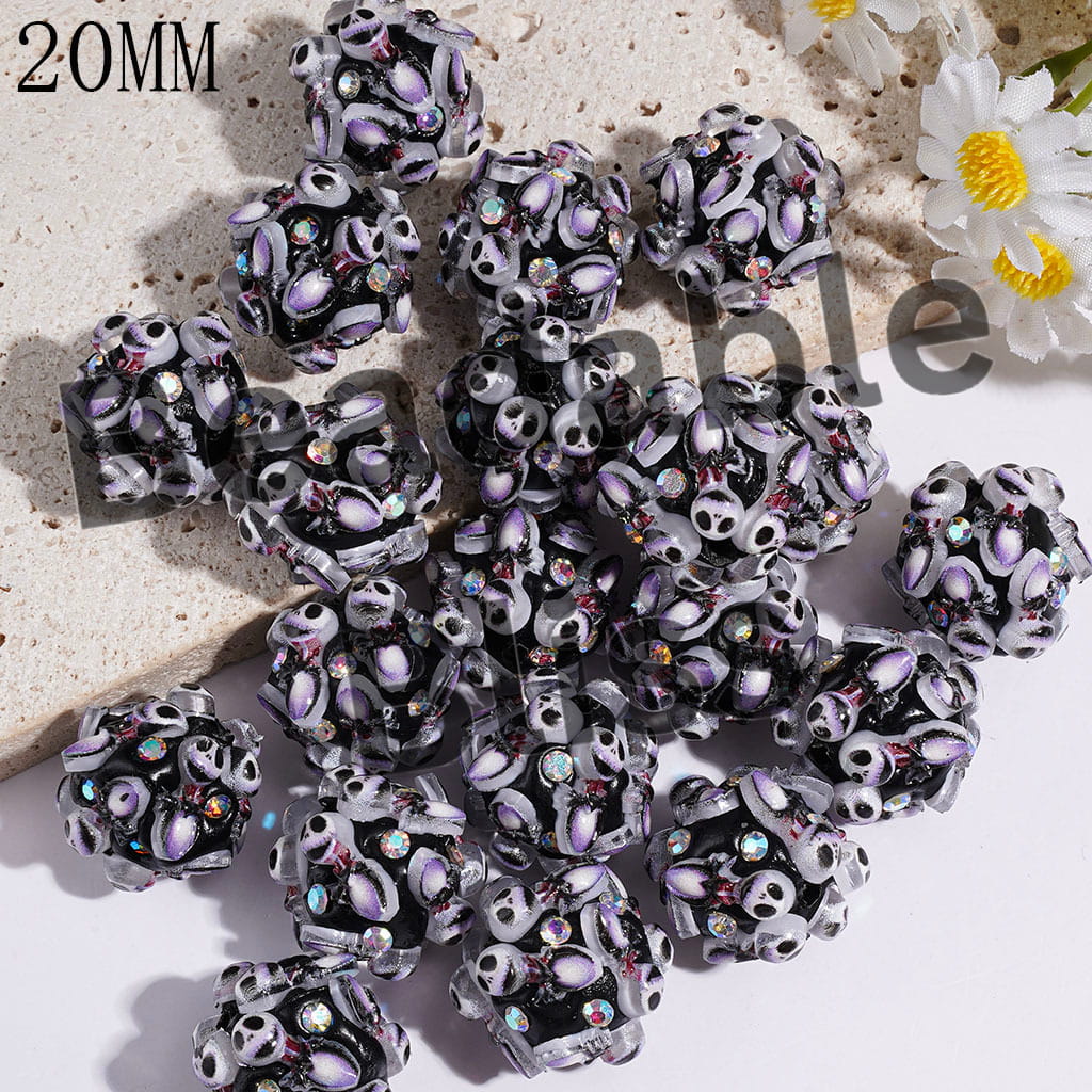 Clay Beads Boy Skull Skeleton Character in Purple Swallow-Tailcoat and AB Rhinestones, 20MM