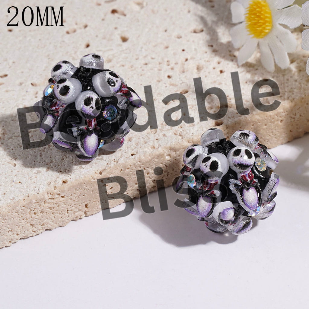 Clay Beads Boy Skull Skeleton Character in Purple Swallow-Tailcoat and AB Rhinestones, 20MM