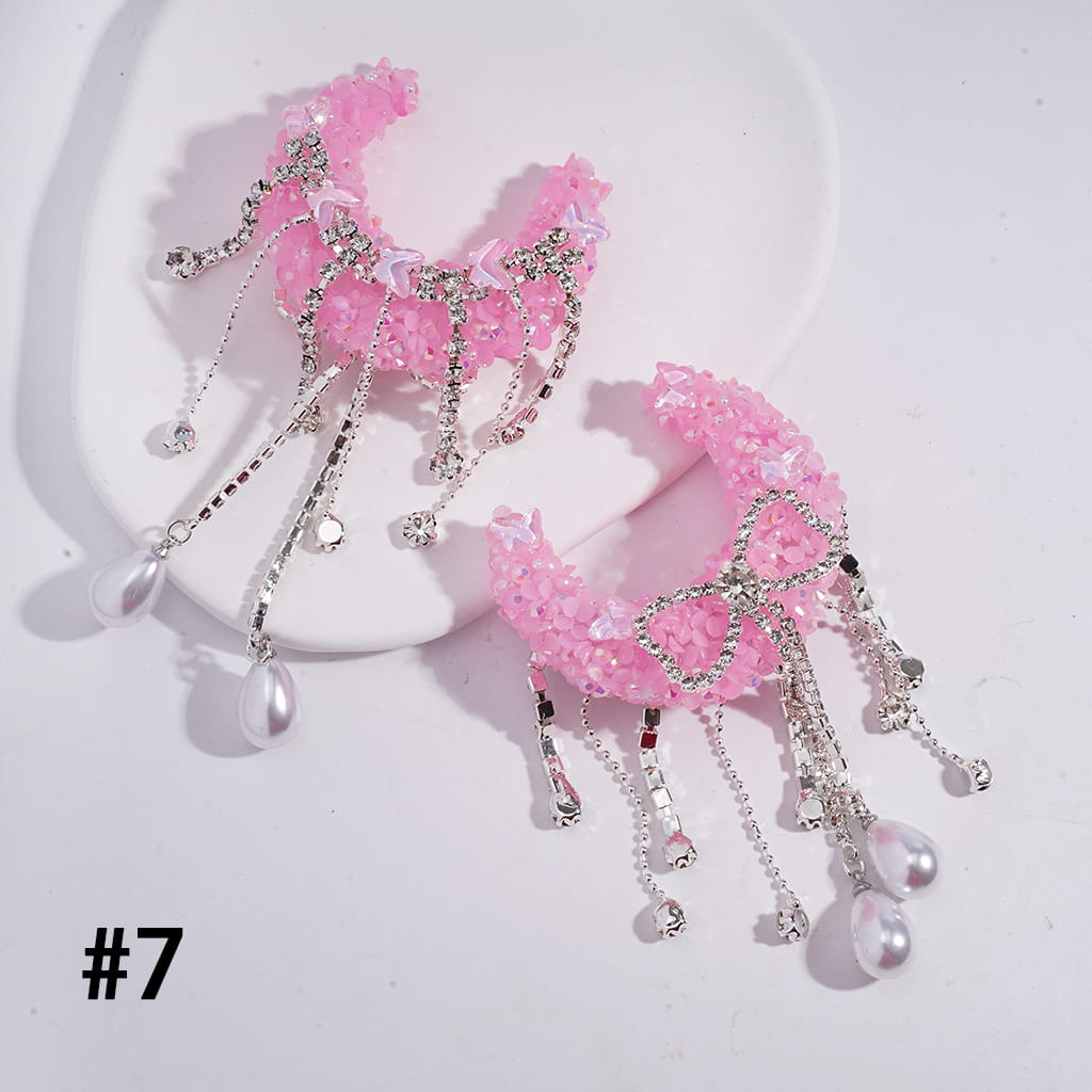Sugar Crescent Moon with Dreamy Sequin Rhinestones, Butterfly Design, Clear Rhinestone Chains, Bowtie Tassels & Pearl Drops, Acrylic Beads