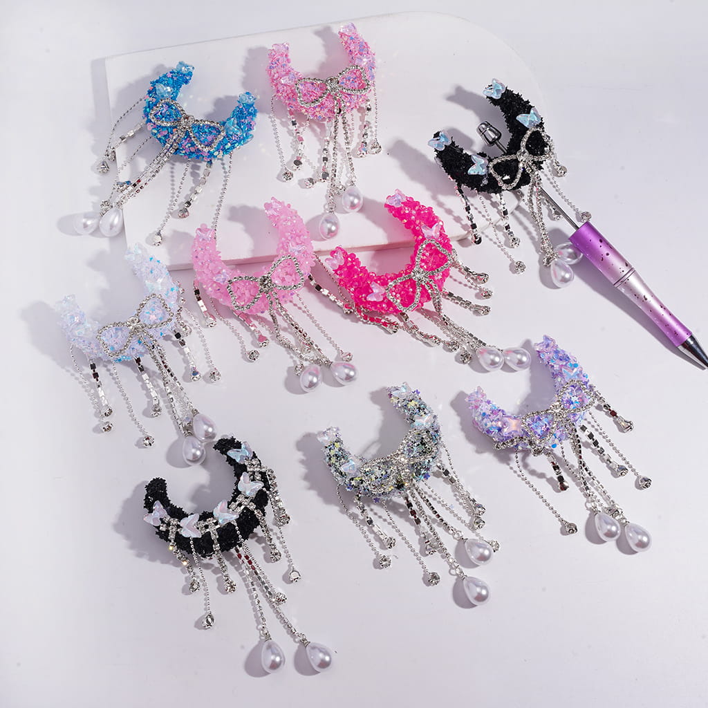 Sugar Crescent Moon with Dreamy Sequin Rhinestones, Butterfly Design, Clear Rhinestone Chains, Bowtie Tassels & Pearl Drops, Acrylic Beads