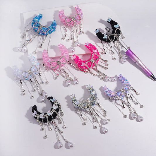 Sugar Crescent Moon with Dreamy Sequin Rhinestones, Butterfly Design, Clear Rhinestone Chains, Bowtie Tassels & Pearl Drops, Acrylic Beads
