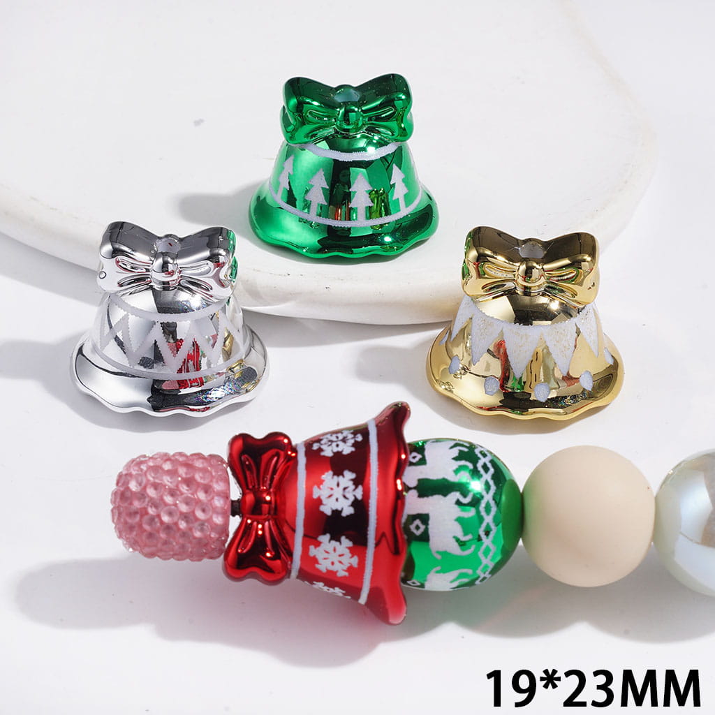 Christmas Bell with Bow Design Metallic Finish Acrylic Beads, 19*23MM, Multi-Color Random Mix