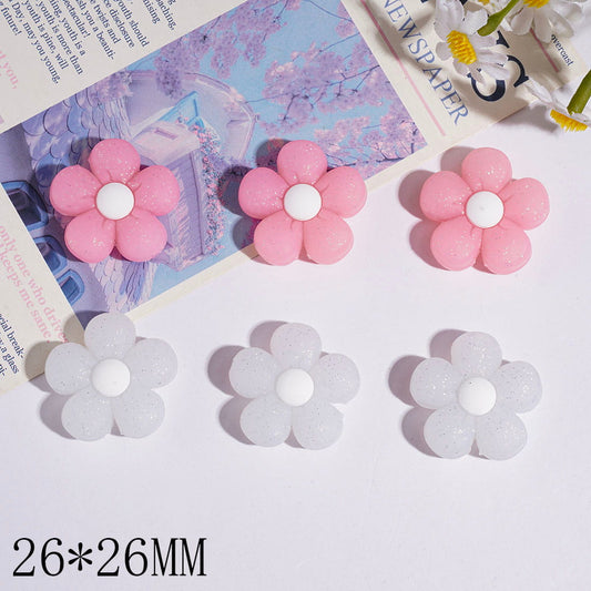 Silver Glitter Light Pink & Translucent White Five-Petaled Flower Silicone Focal Beads, 26*26MM, Random Mix