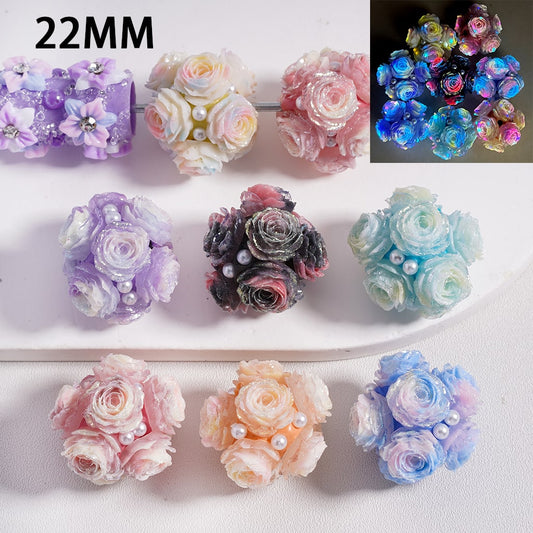 Luminous Glitter Rose Flower with White Pearl Accent Clay Beads 22MM, Random Mix