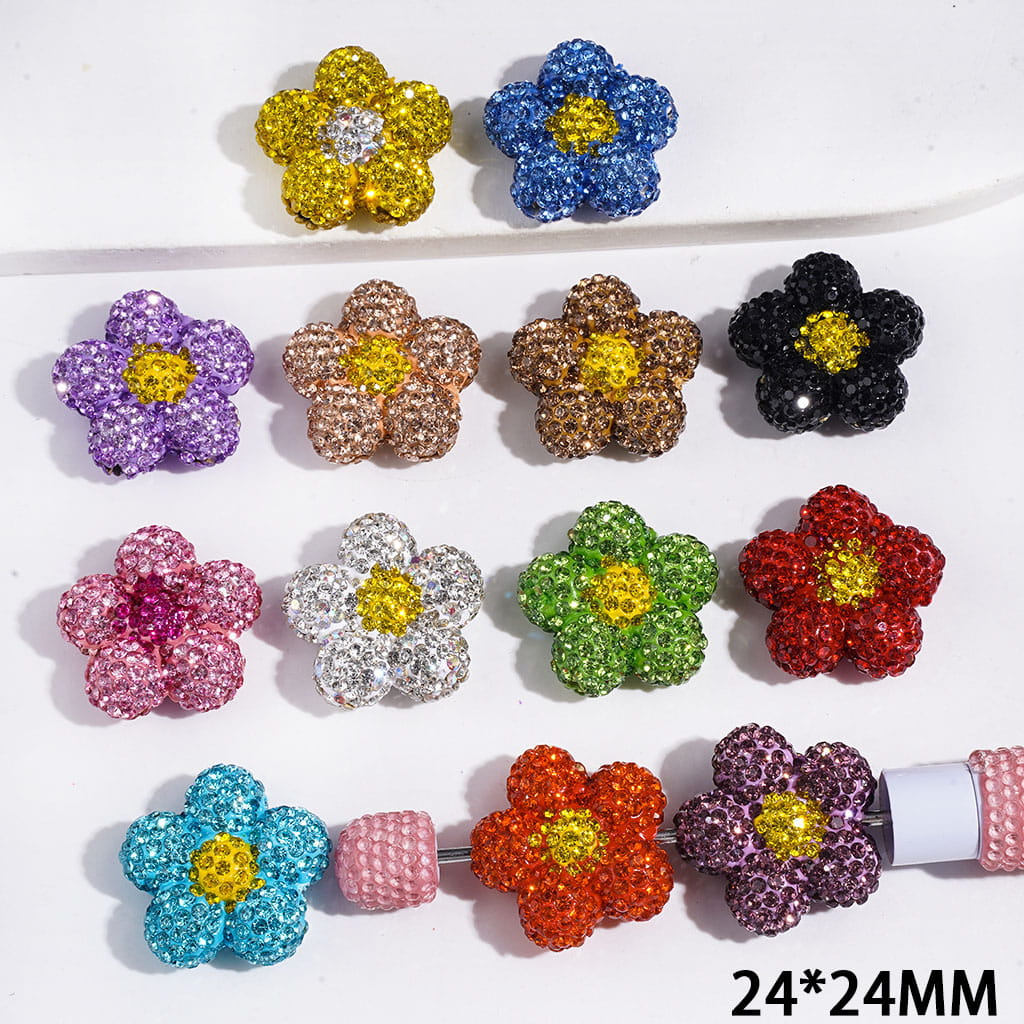 Five-Petal Flower Clay Beads with Cone-Shaped Rhinestones, 24*24MM, Multi-Color Random Mix