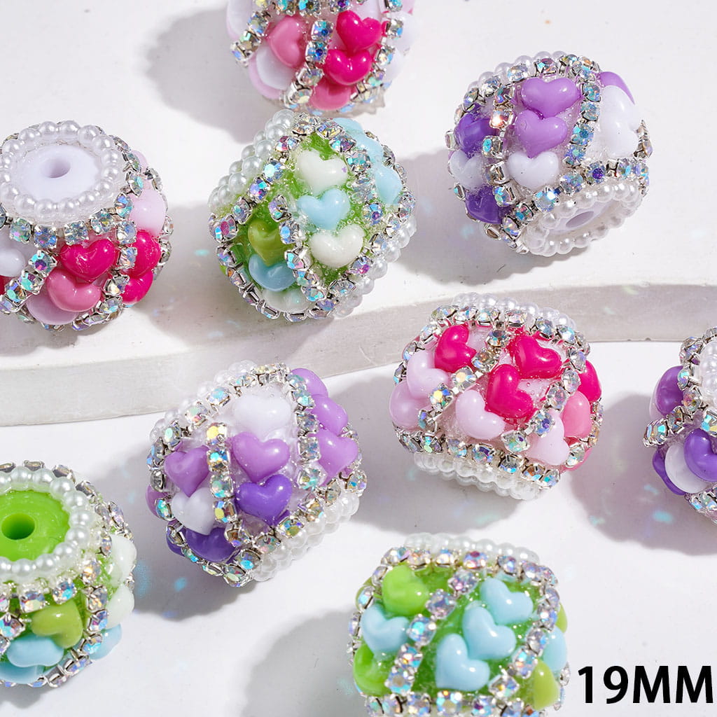 Macaron Color Heart Acrylic Beads with Rhinestones, White Pearl Balls and Gold or Silver Chains, 19MM, Random Mix