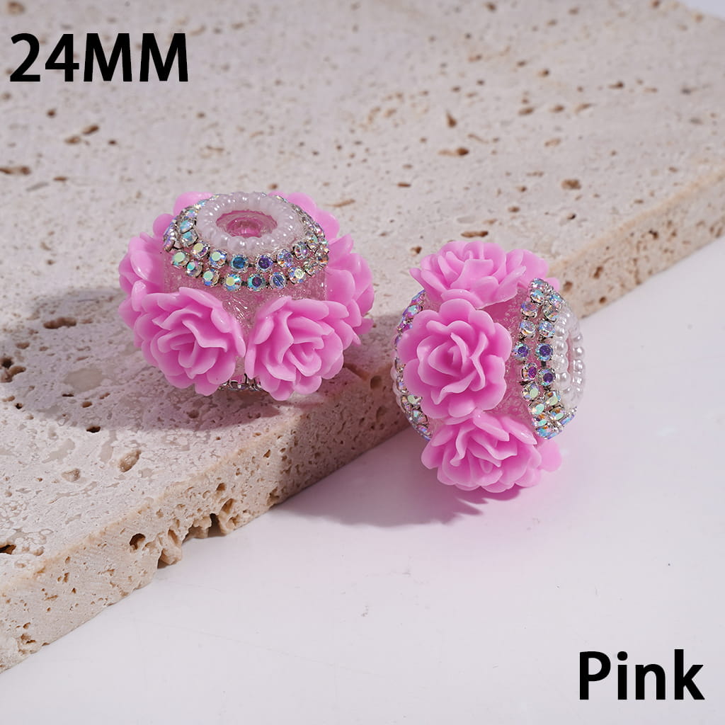 Luxury Rose Flower with AB Rhinestone & Pearl Chains Multi-Color round Acrylic Beads 24MM