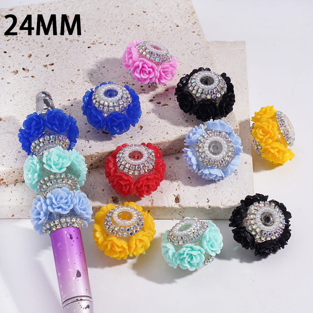 Luxury Rose Flower with AB Rhinestone & Pearl Chains Multi-Color round Acrylic Beads 24MM
