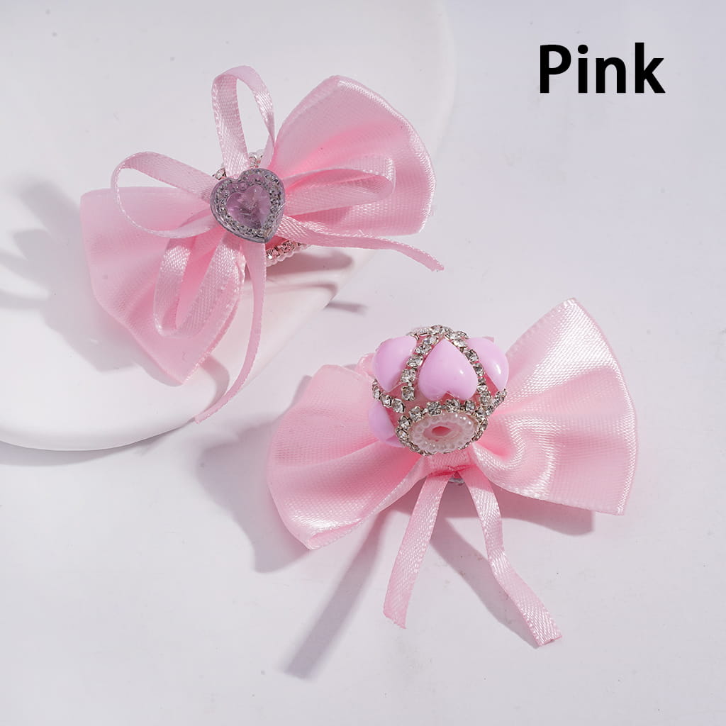 Fabric Bowtie with Heart Clear Rhinestone & White Pearl Chains, Handmade Acrylic Beads