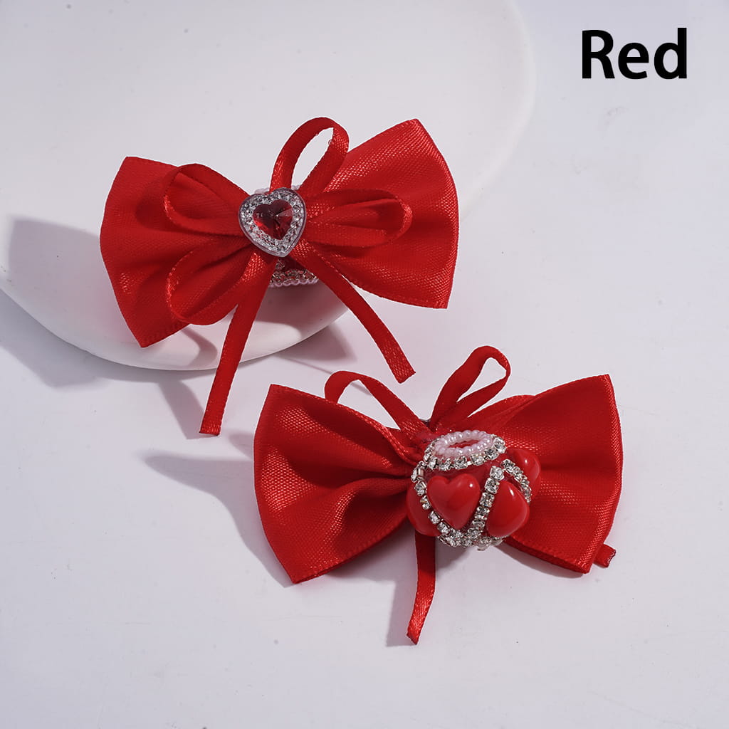 Fabric Bowtie with Heart Clear Rhinestone & White Pearl Chains, Handmade Acrylic Beads