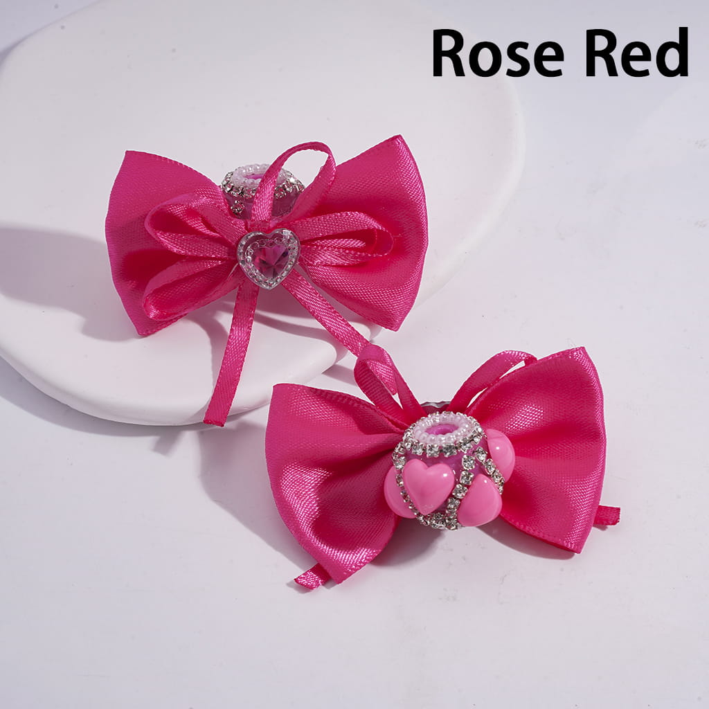 Fabric Bowtie with Heart Clear Rhinestone & White Pearl Chains, Handmade Acrylic Beads