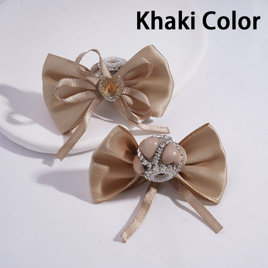 Fabric Bowtie with Heart Clear Rhinestone & White Pearl Chains, Handmade Acrylic Beads