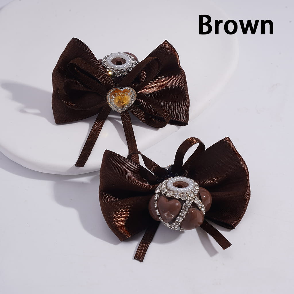 Fabric Bowtie with Heart Clear Rhinestone & White Pearl Chains, Handmade Acrylic Beads