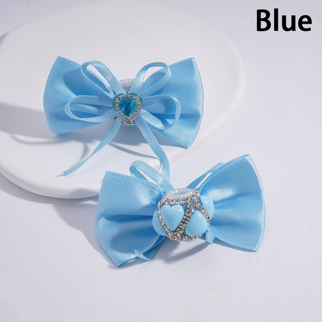 Fabric Bowtie with Heart Clear Rhinestone & White Pearl Chains, Handmade Acrylic Beads