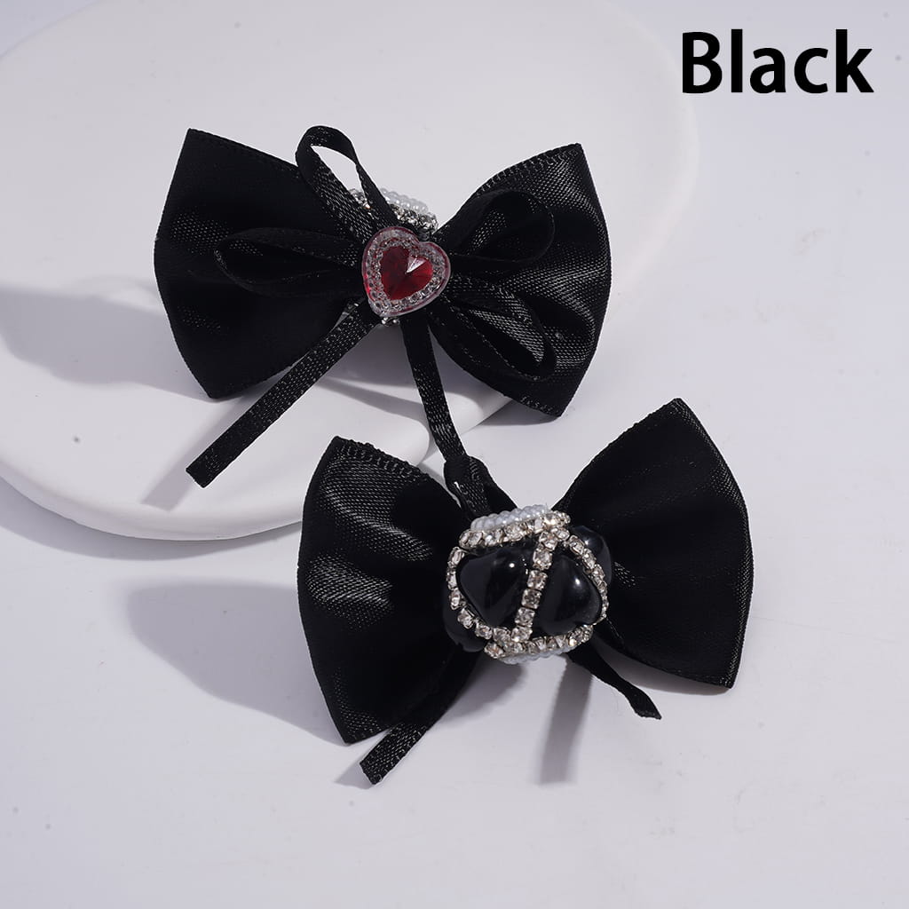 Fabric Bowtie with Heart Clear Rhinestone & White Pearl Chains, Handmade Acrylic Beads