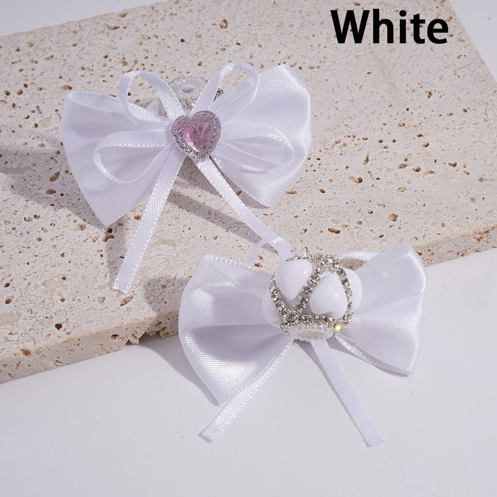 Fabric Bowtie with Heart Clear Rhinestone & White Pearl Chains, Handmade Acrylic Beads
