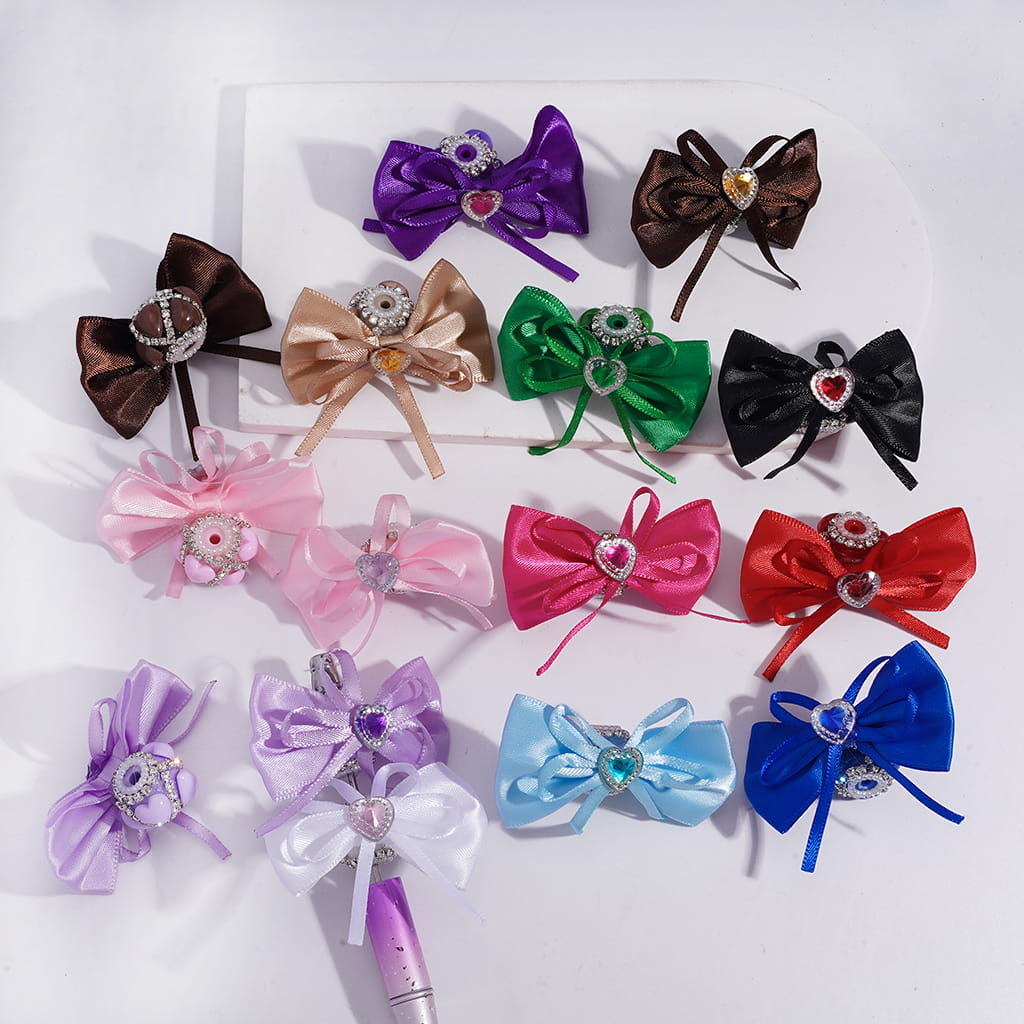 Fabric Bowtie with Heart Clear Rhinestone & White Pearl Chains, Handmade Acrylic Beads