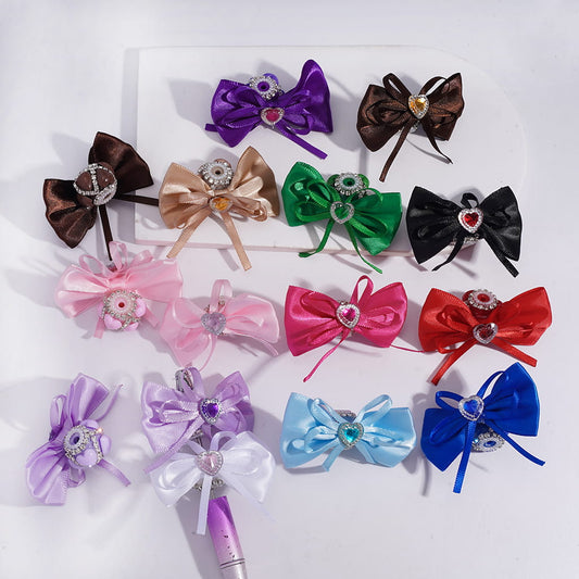 Fabric Bowtie with Heart Clear Rhinestone & White Pearl Chains, Handmade Acrylic Beads