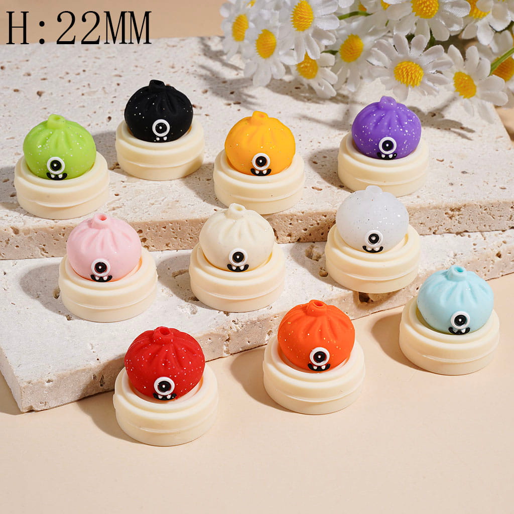 3D Funny Monster Dumpling & Steamer Basket with Silver Glitter, Food-Grade Silicone Focal Beads, 22MM, Multi Colors Random Mix