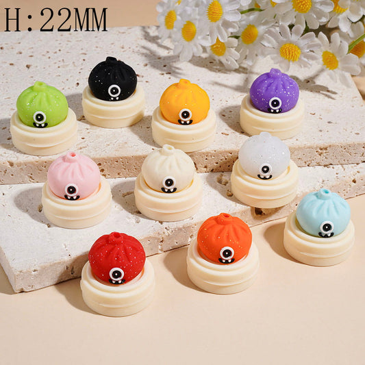 3D Funny Monster Dumpling & Steamer Basket with Silver Glitter, Food-Grade Silicone Focal Beads, 22MM, Multi Colors Random Mix