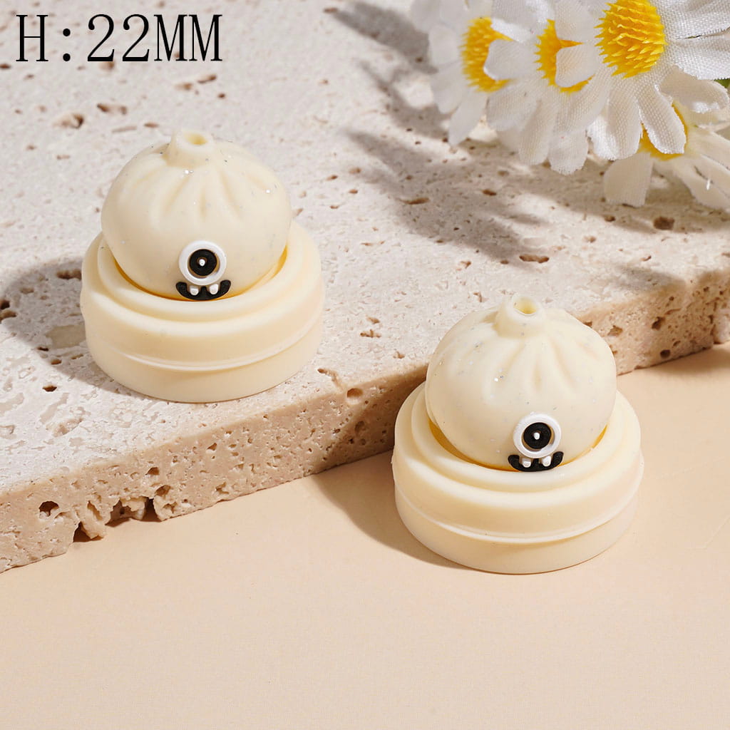 3D Funny Monster Dumpling & Steamer Basket with Silver Glitter, Food-Grade Silicone Focal Beads, 22MM, Multi Colors Random Mix