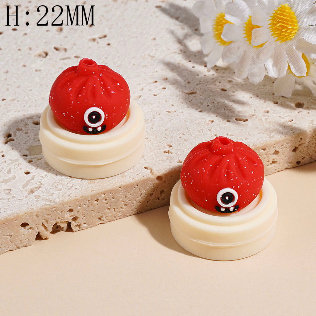 3D Funny Monster Dumpling & Steamer Basket with Silver Glitter, Food-Grade Silicone Focal Beads, 22MM, Multi Colors Random Mix