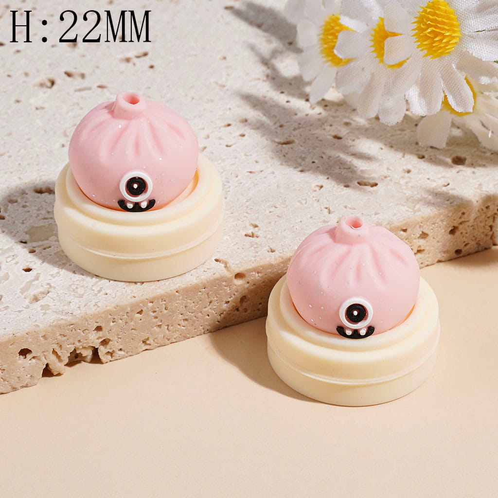 3D Funny Monster Dumpling & Steamer Basket with Silver Glitter, Food-Grade Silicone Focal Beads, 22MM, Multi Colors Random Mix