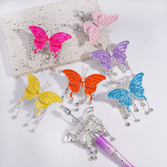 Acrylic Bowtie Beads with Butterfly, White Pearls & Rhinestone Chains Tassels & White Fabric, Fluorescence Color, Jewelry Accessories