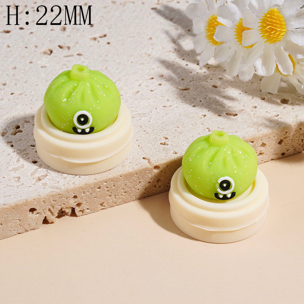 3D Funny Monster Dumpling & Steamer Basket with Silver Glitter, Food-Grade Silicone Focal Beads, 22MM, Multi Colors Random Mix