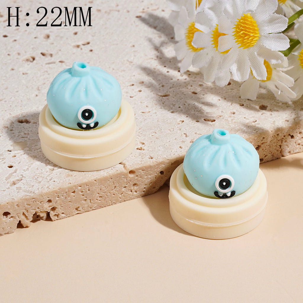 3D Funny Monster Dumpling & Steamer Basket with Silver Glitter, Food-Grade Silicone Focal Beads, 22MM, Multi Colors Random Mix