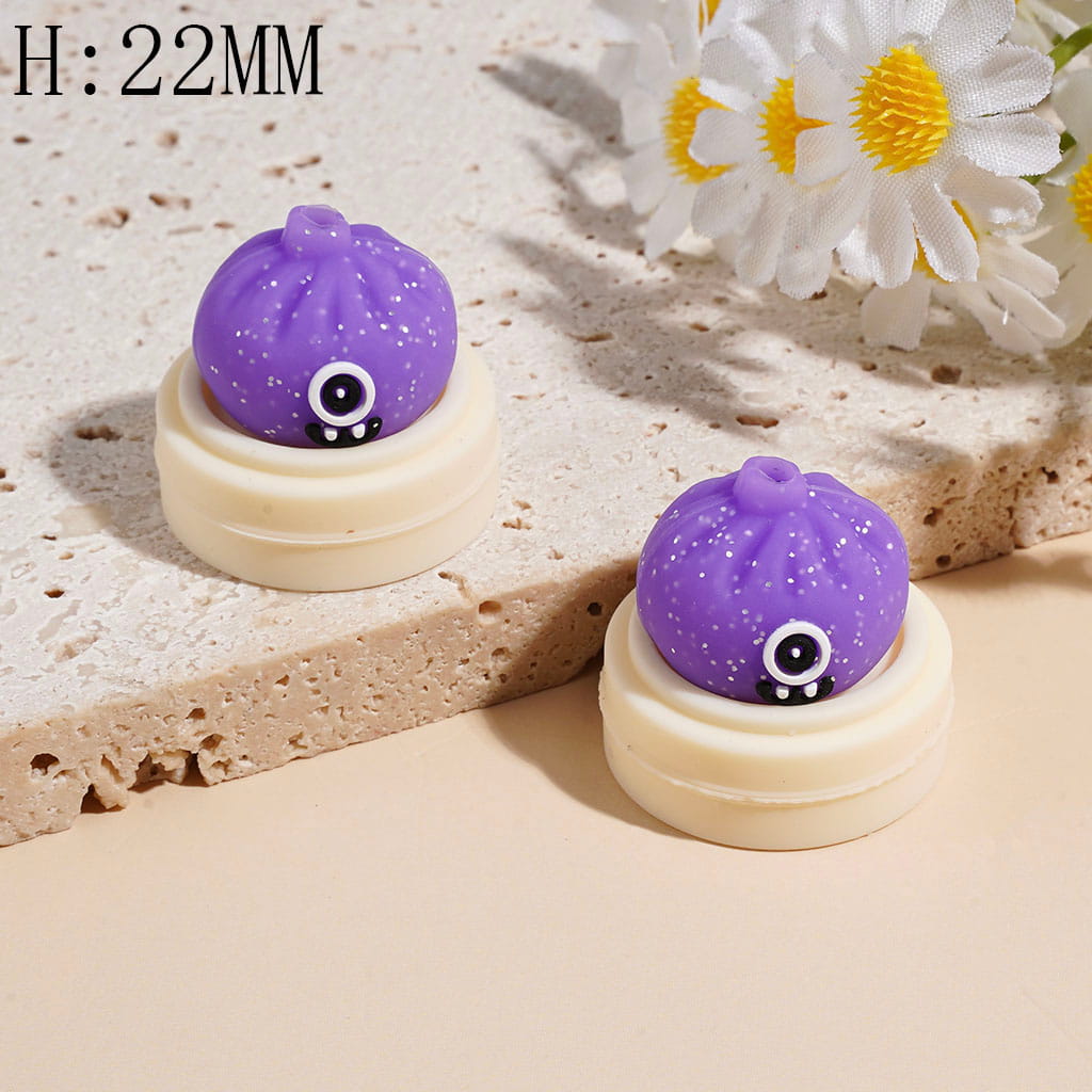 3D Funny Monster Dumpling & Steamer Basket with Silver Glitter, Food-Grade Silicone Focal Beads, 22MM, Multi Colors Random Mix