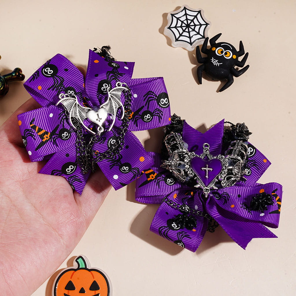 Halloween Black Crescent Moon Fabric Acrylic Beads, Gun Black Metal Window Cross Heart Angel Bat Wings Black Chains, Rose Flower & Purple Ribbon Bow w Spider