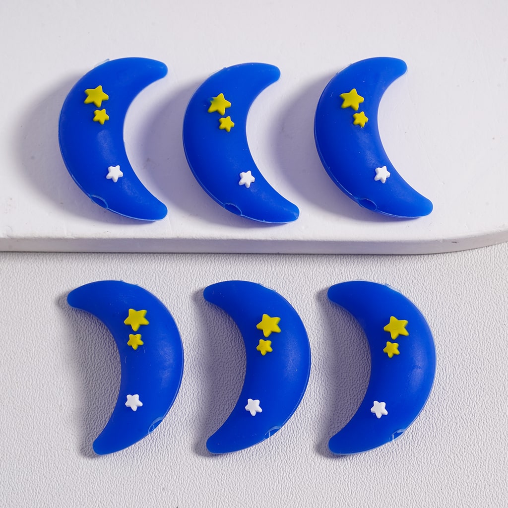 3D Yellow & Blue Crescent Moon with Mini Cute Stars Silicone Focal Beads