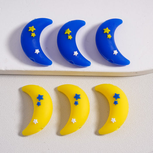 3D Yellow & Blue Crescent Moon with Mini Cute Stars Silicone Focal Beads