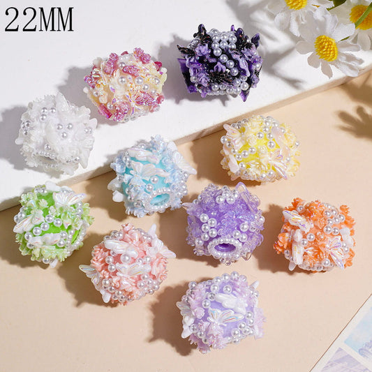 Rose Flower & Glitter Butterfly Wings Handmade Acrylic Beads, with White Pearls, 22MM, Multi-Color, Random Mix