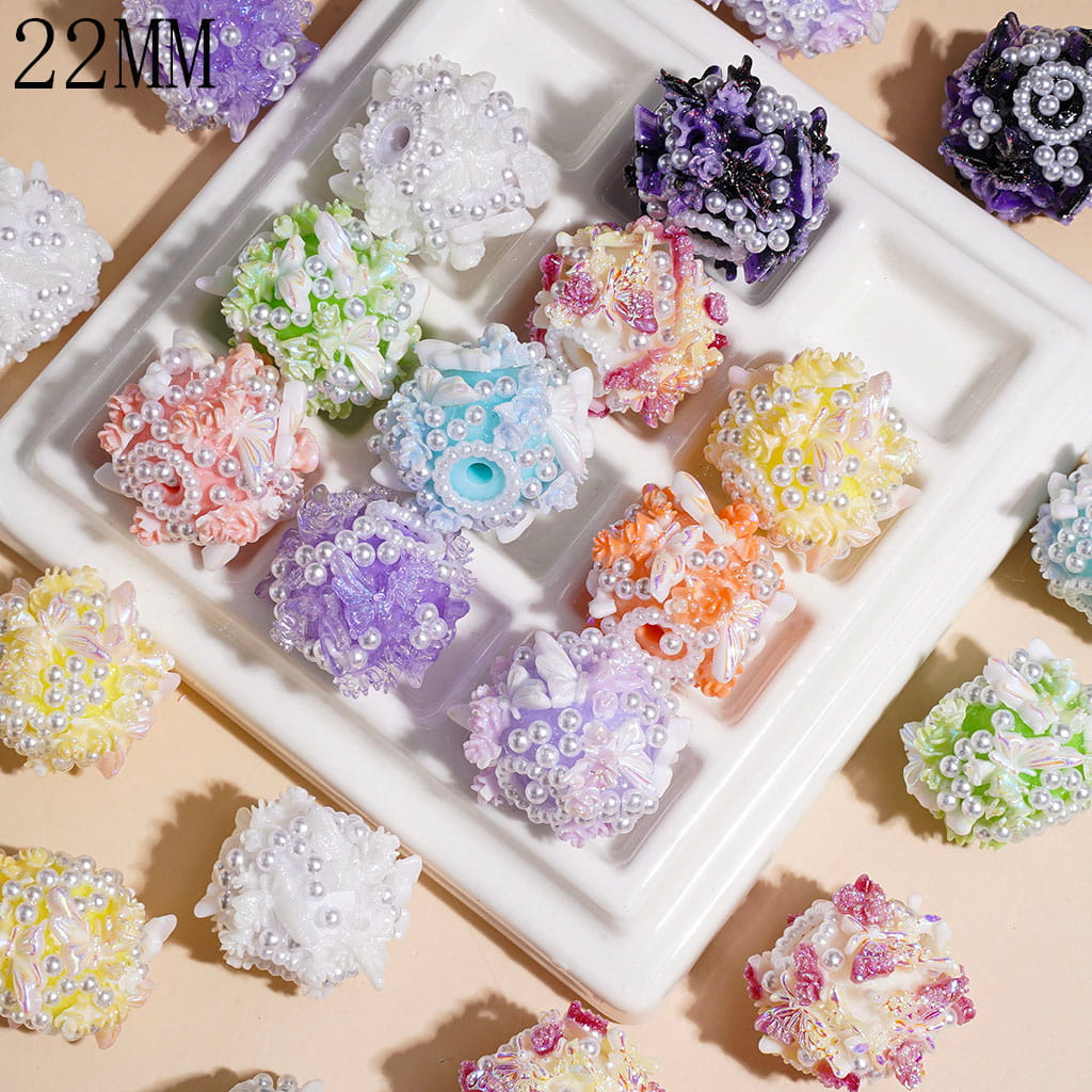 Rose Flower & Glitter Butterfly Wings Handmade Acrylic Beads, with White Pearls, 22MM, Multi-Color, Random Mix